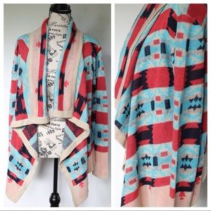 Styleholic Aztec coral Navy Aqua teal Cream cardigan open front sweater medium